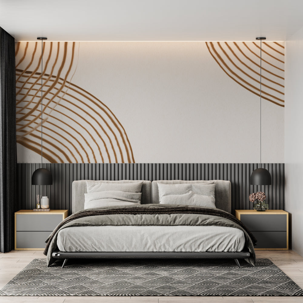 Geometric wallpaper with flowing brown lines in a contemporary home office
