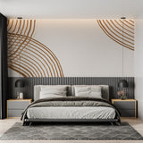 Geometric wallpaper with flowing brown lines in a contemporary home office