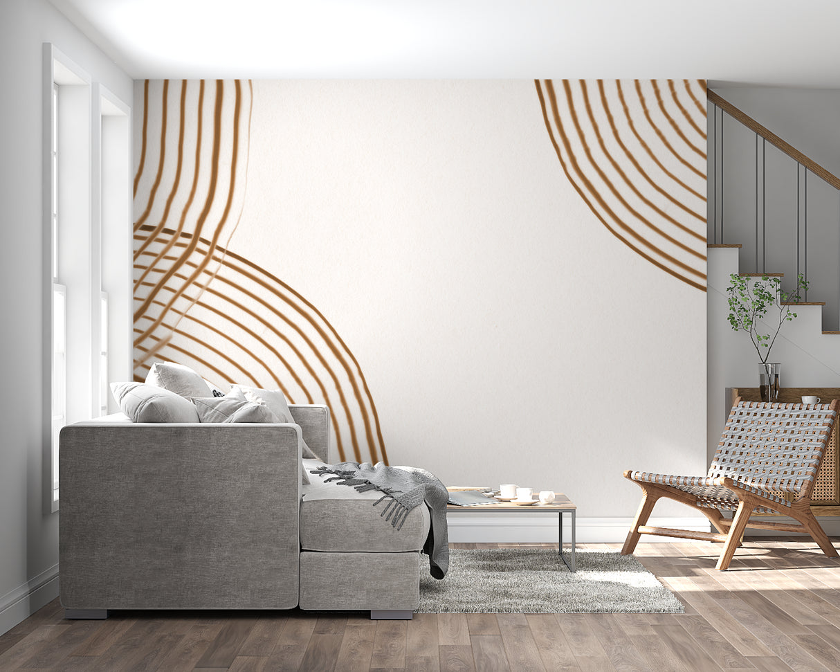 Modern brown curved wallpaper adding warmth to a bedroom space