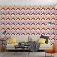 Modern geometric wallpaper with chevron pattern and hearts creating a warm atmosphere in a bright living room