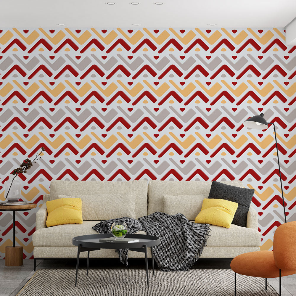Modern geometric wallpaper with chevron pattern and hearts creating a warm atmosphere in a bright living room
