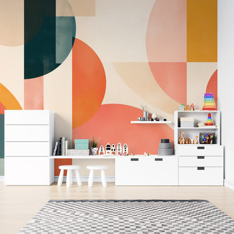 Geometric circle wallpaper in bright modern living room with minimal furniture and natural light