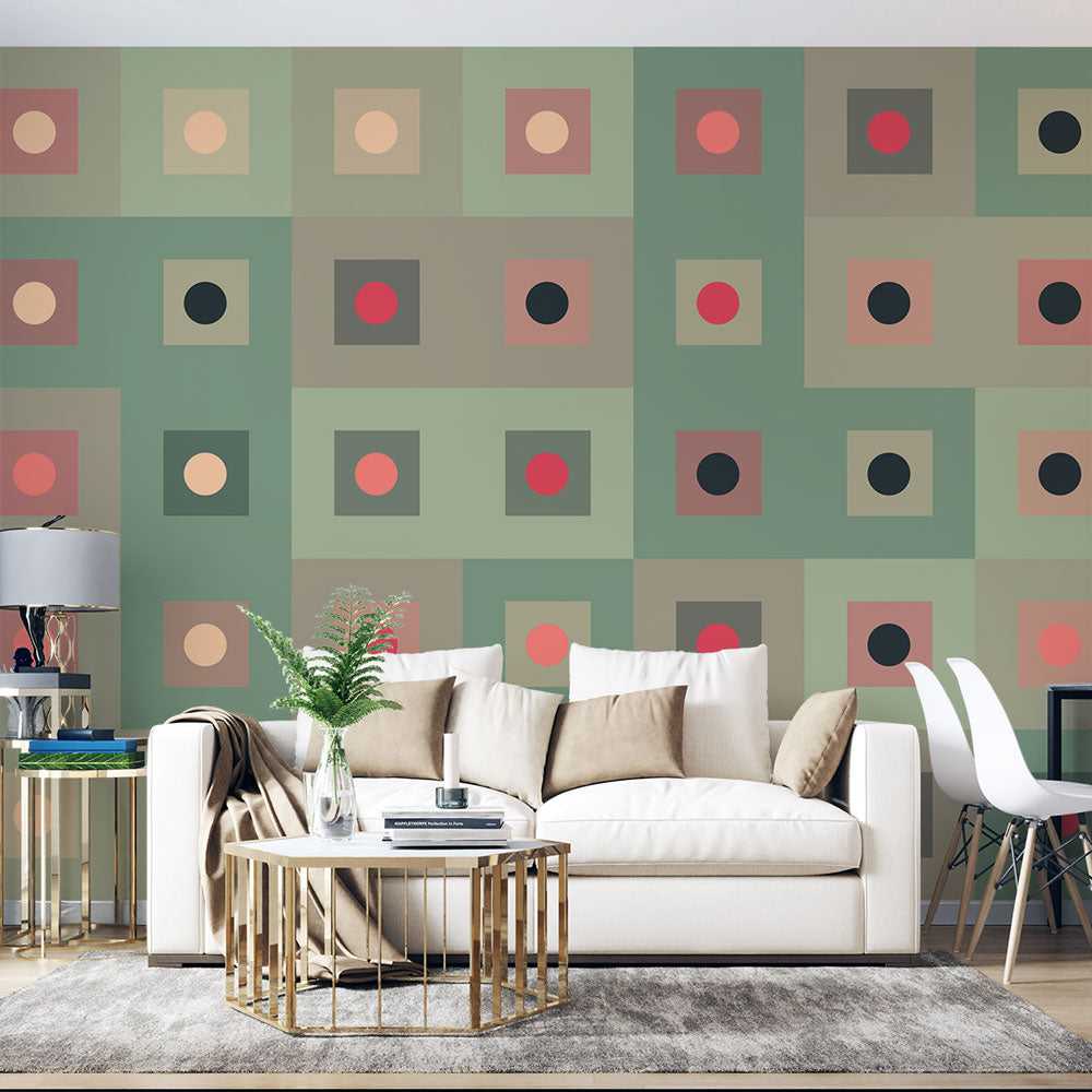 Geometric pattern wallpaper bringing modern style to a minimalist living room with sage and coral accents