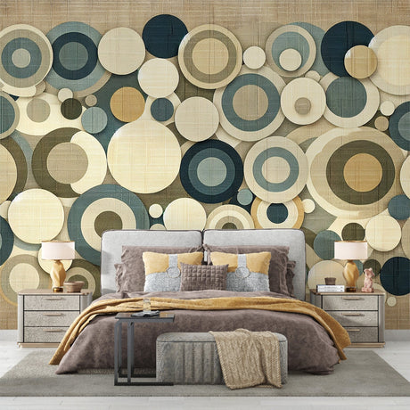 Modern geometric circle wallpaper creating a stunning accent wall in a minimalist living room with blue and beige tones