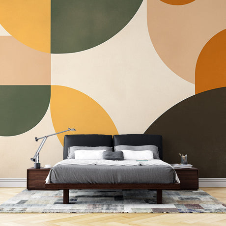 Geometric circle wallpaper mural in earth tones creating a modern focal point in a minimalist living room with natural light