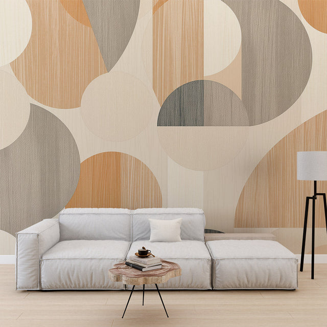 Modern geometric circle wallpaper in a minimalist living room setting with natural light