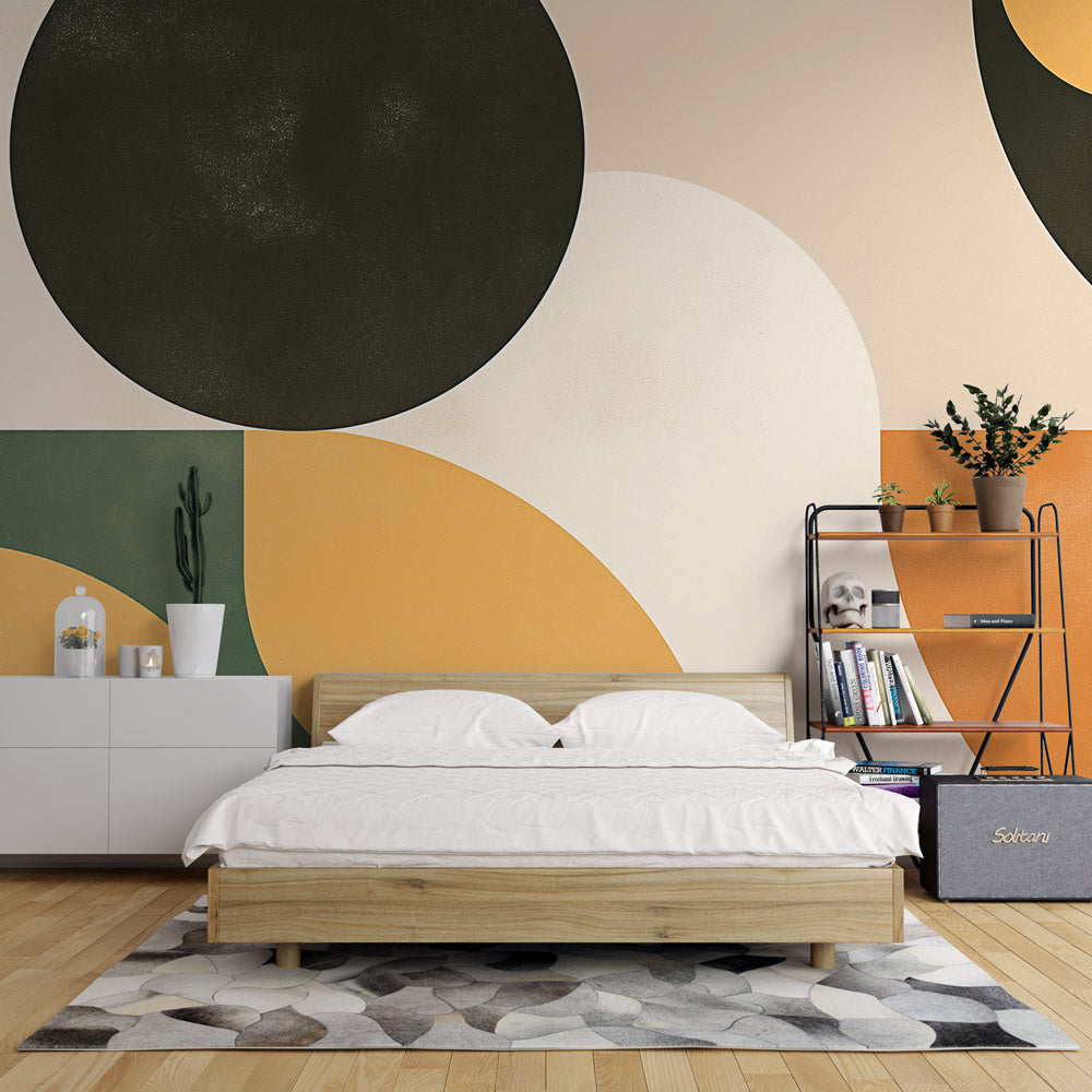 Modern geometric circle wallpaper in earth tones showcased in a minimalist Scandinavian living room with natural light
