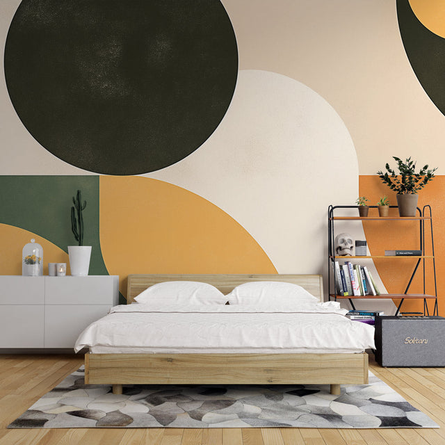 Modern geometric circle wallpaper in earth tones showcased in a minimalist Scandinavian living room with natural light