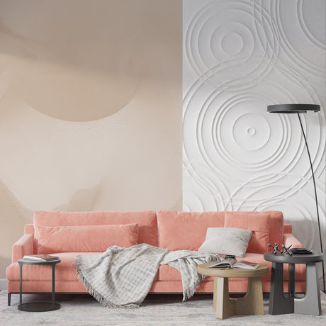 Modern geometric circle wallpaper in bright living room with minimalist furniture