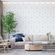 Modern cube pattern wallpaper in a bright office space, showing 3D geometric design in soft blue