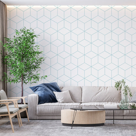 Modern cube pattern wallpaper in a bright office space, showing 3D geometric design in soft blue