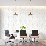 3D cube wallpaper pattern displayed in a modern bedroom, highlighting the blue geometric design