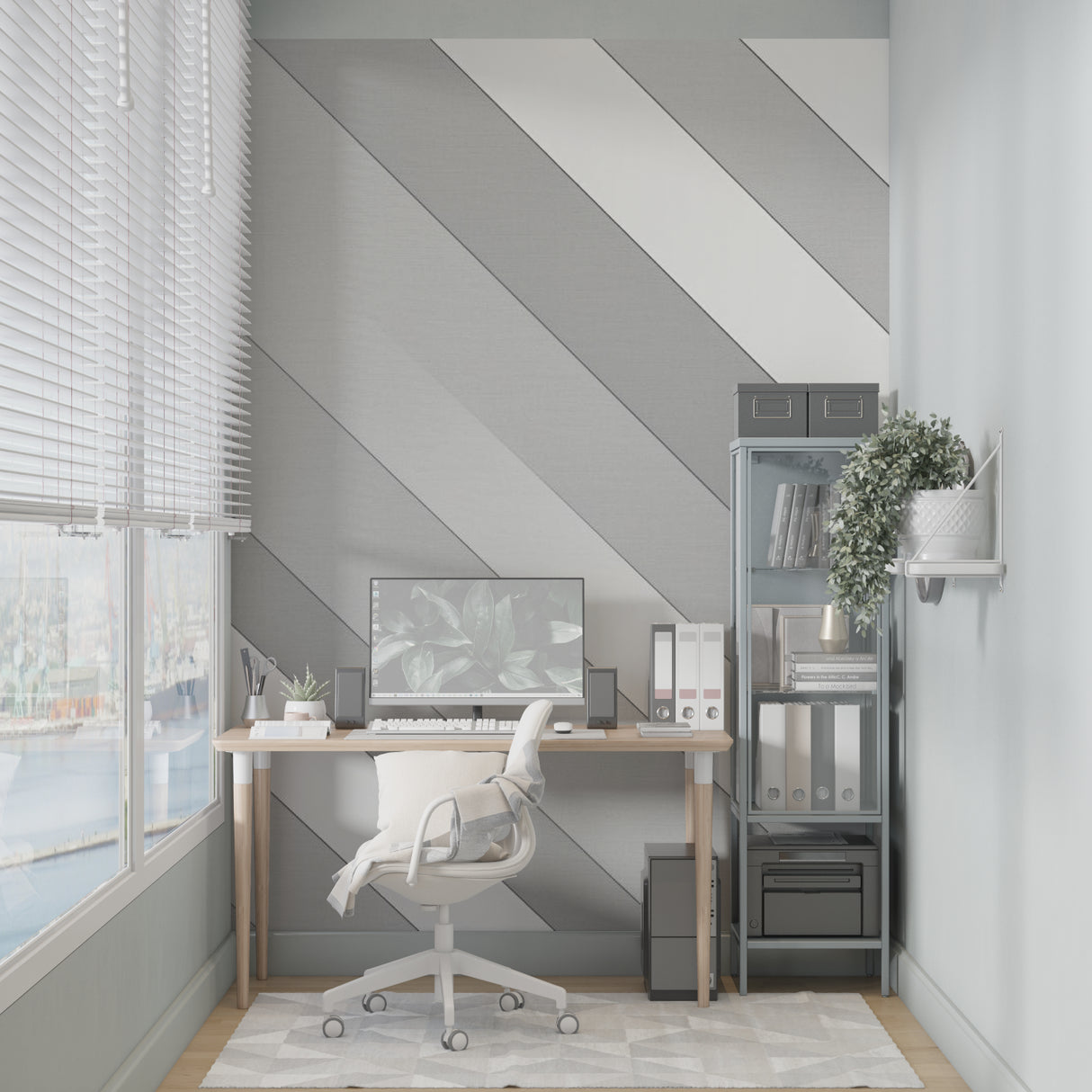 Diagonal stripe wallpaper creating depth in a contemporary living room with grey furniture