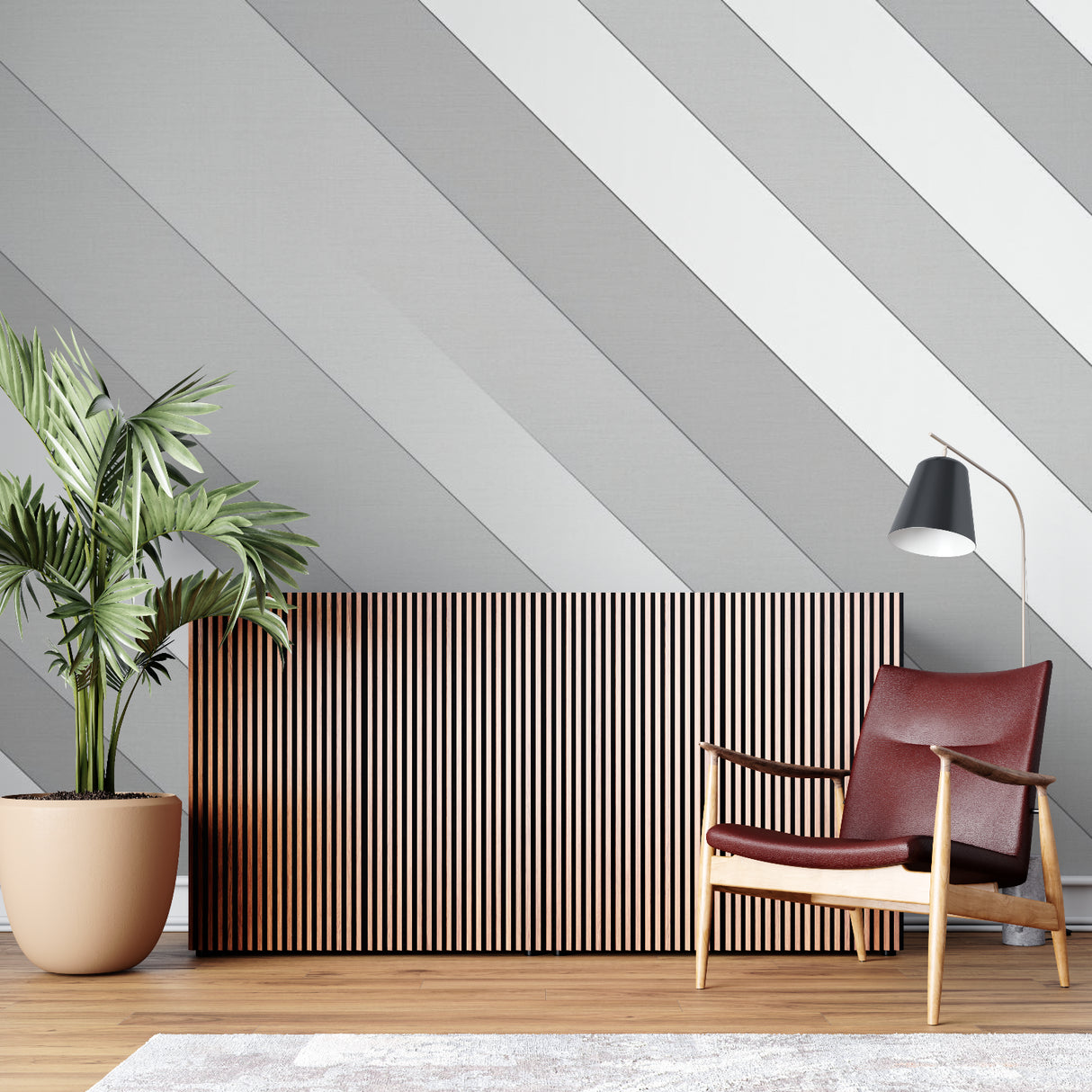 Geometric wallpaper installation in hallway showing full wall coverage