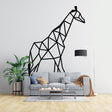 Geometric giraffe line art wallpaper in a modern minimalist living room, creating a striking black and white focal wall