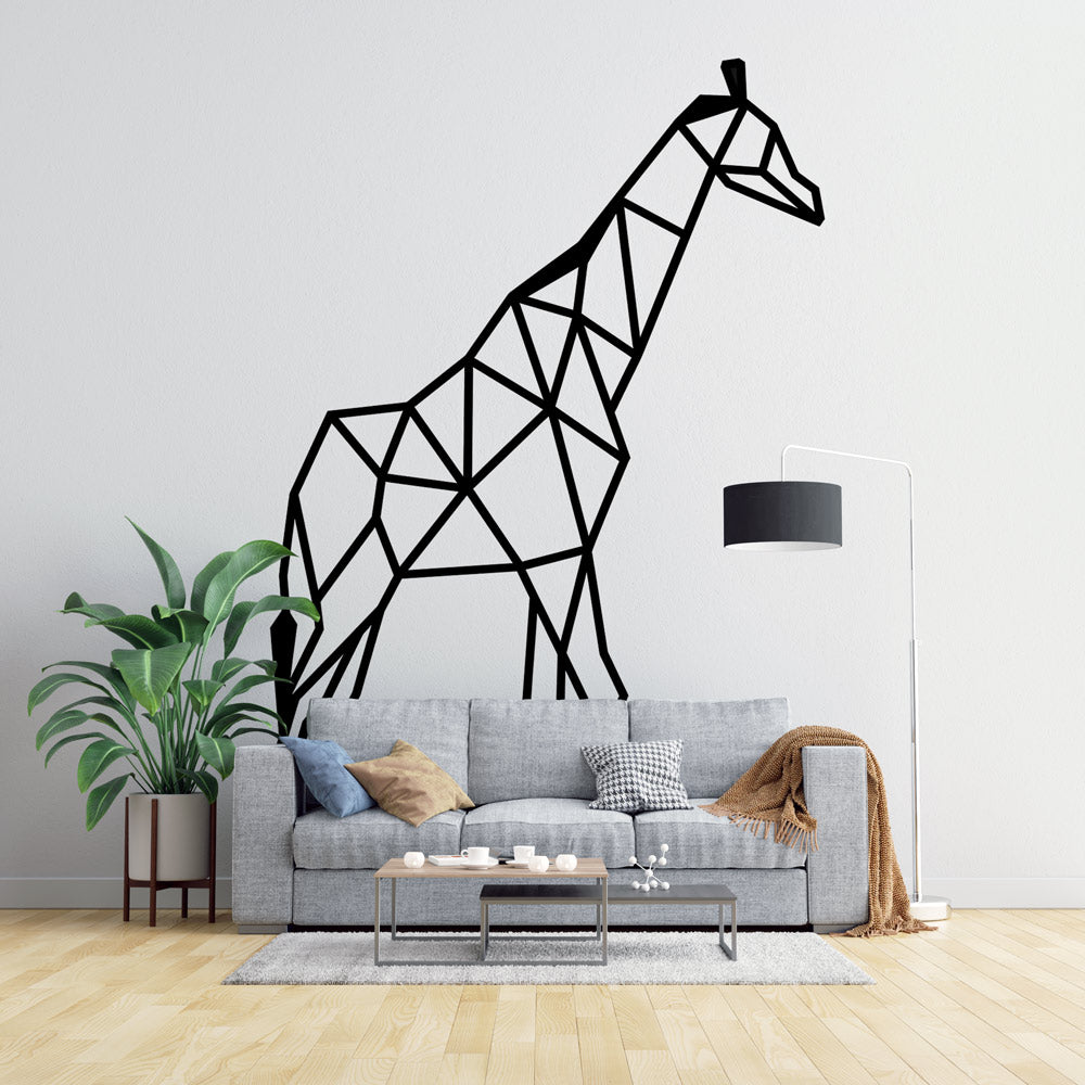 Geometric giraffe line art wallpaper in a modern minimalist living room, creating a striking black and white focal wall