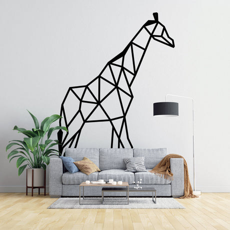 Geometric giraffe line art wallpaper in a modern minimalist living room, creating a striking black and white focal wall