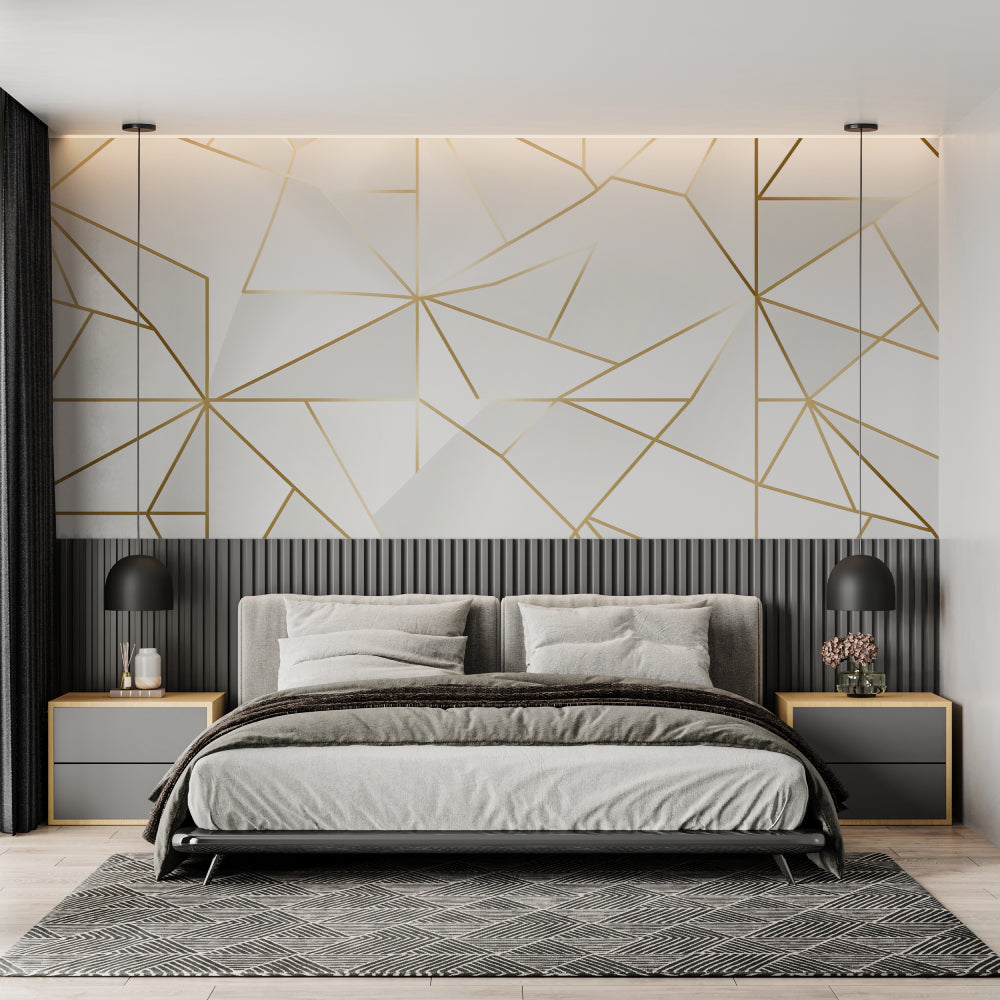 Hallway decorated with white and gold geometric wallpaper in natural lighting