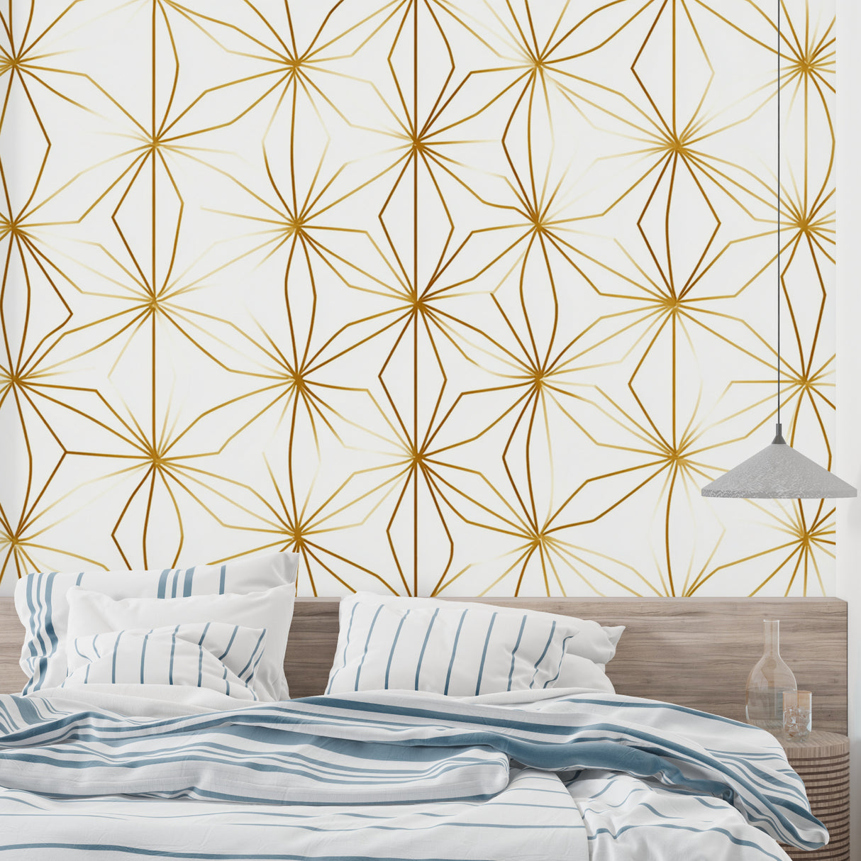 Modern gold geometric pattern in hallway showing full wall application