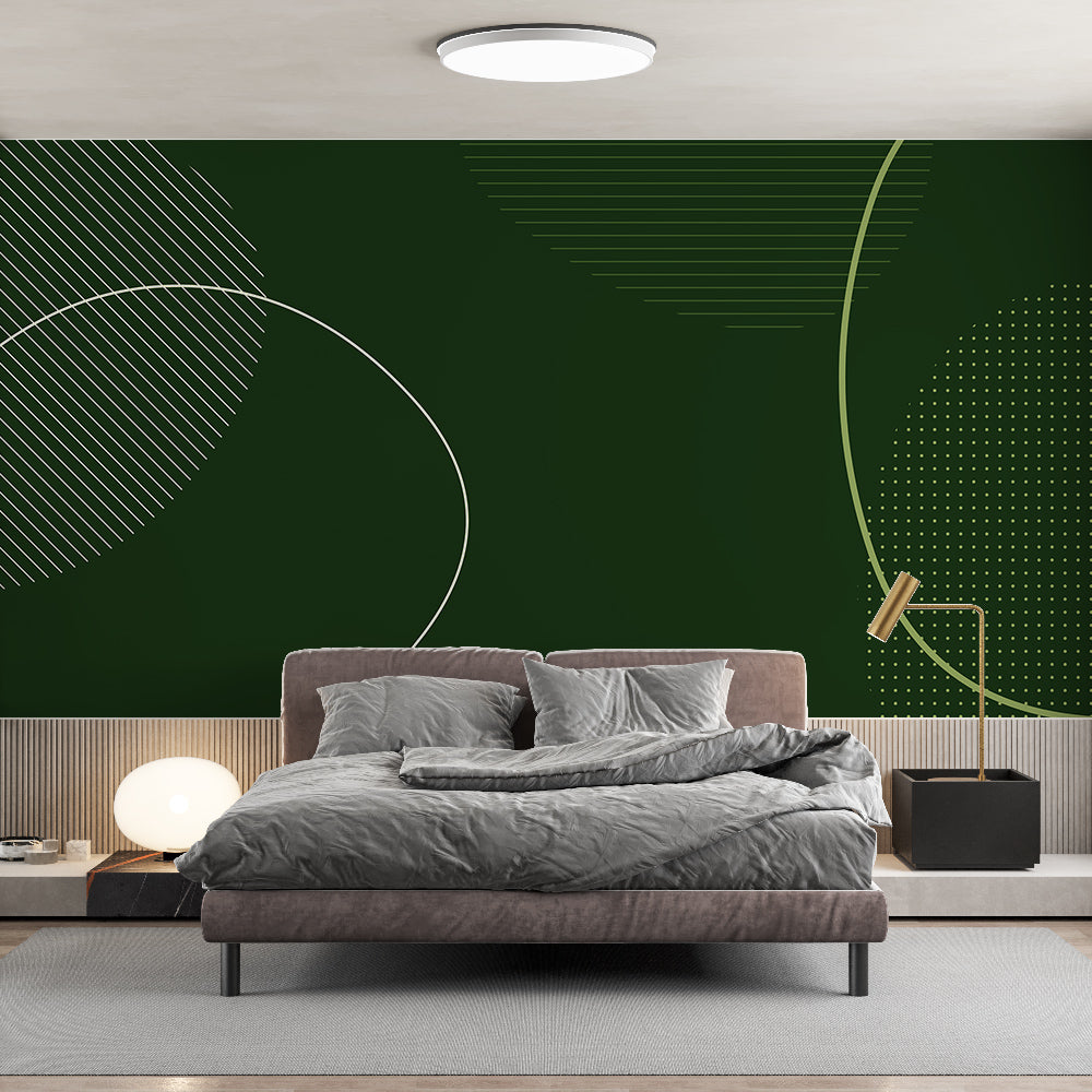 Modern green geometric wallpaper in a bright home office, creating a fresh and focused workspace with clean lines