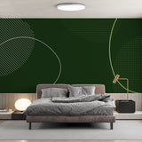 Modern green geometric wallpaper in a bright home office, creating a fresh and focused workspace with clean lines