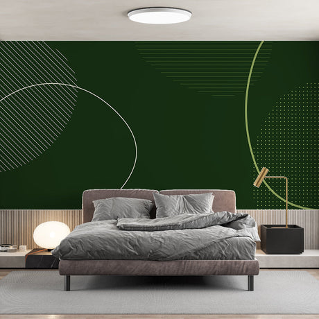 Modern green geometric wallpaper in a bright home office, creating a fresh and focused workspace with clean lines