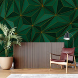 Modern green and gold geometric mural making a statement in a master bedroom