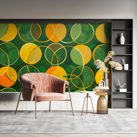 Modern geometric circle wallpaper in a bright living room showing green and orange spheres
