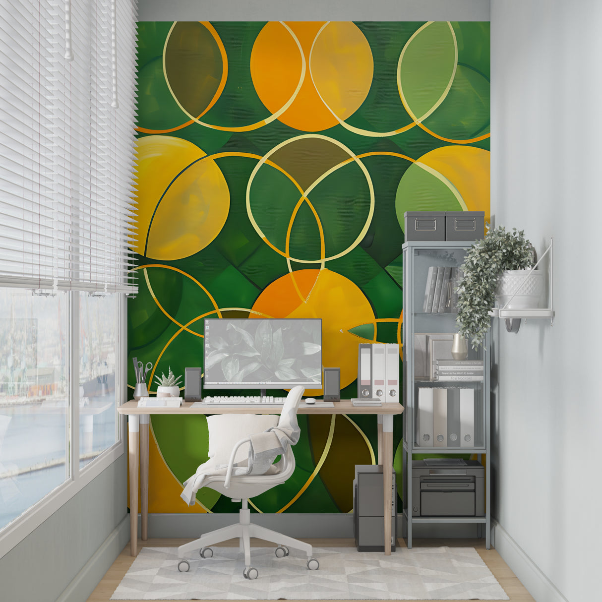 Geometric circle wallpaper creating depth in a modern office space