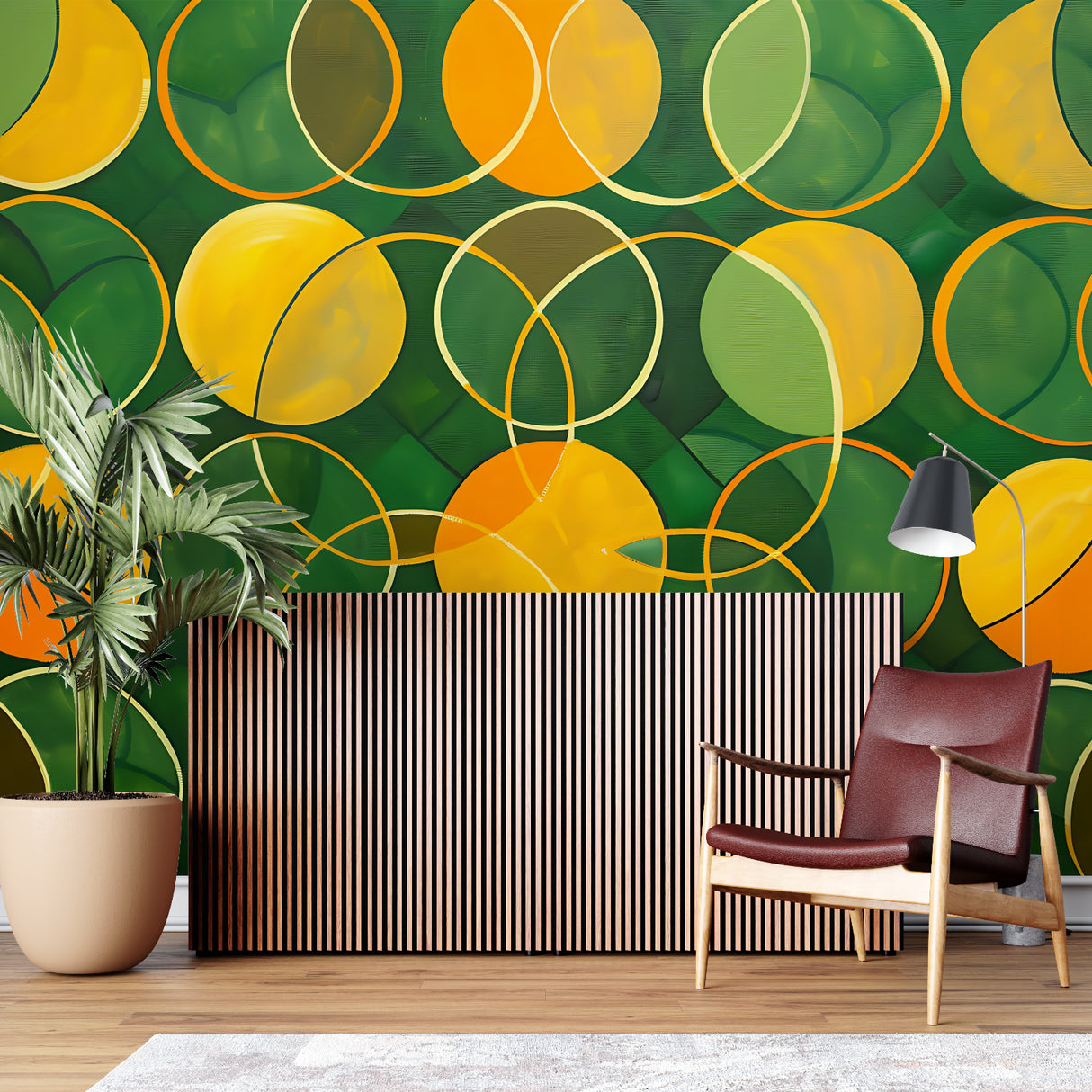 Green and orange geometric wallpaper in a contemporary dining room