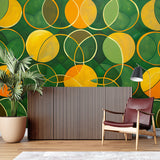 Green and orange geometric wallpaper in a contemporary dining room