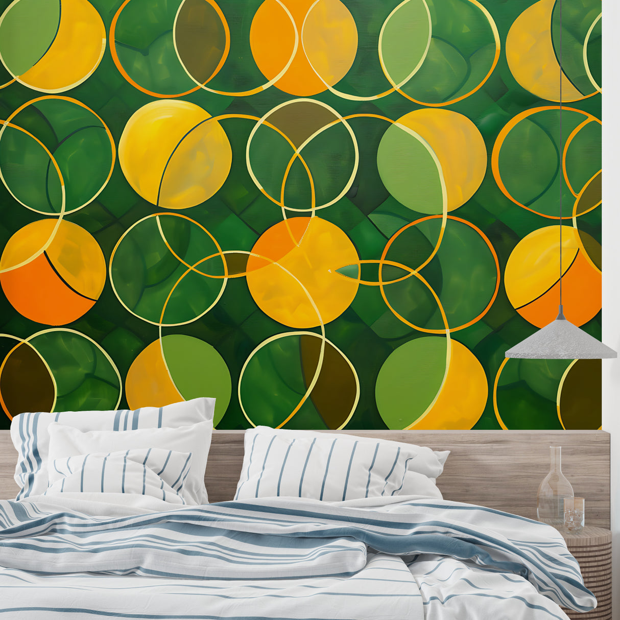 Abstract circle wallpaper making a statement in a minimalist bedroom