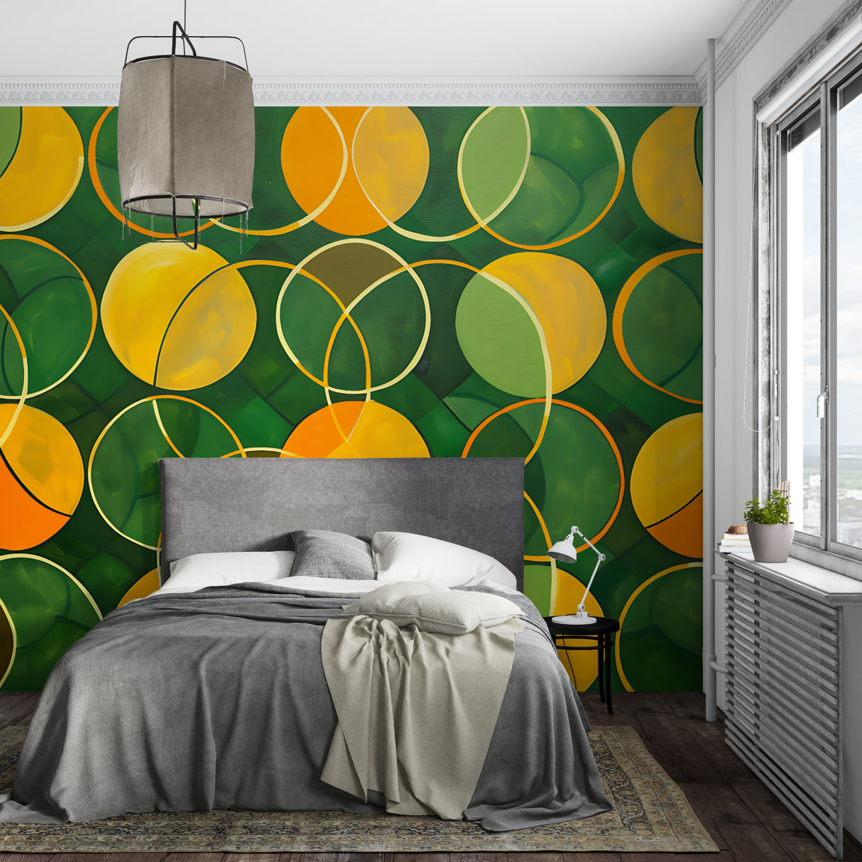 Modern geometric wallpaper showcased in a trendy home entrance