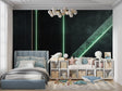 Modern geometric light wallpaper in a stylish office space, green glowing accents creating depth
