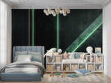 Modern geometric light wallpaper in a stylish office space, green glowing accents creating depth