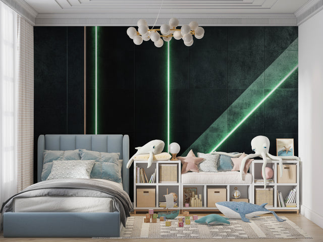 Modern geometric light wallpaper in a stylish office space, green glowing accents creating depth