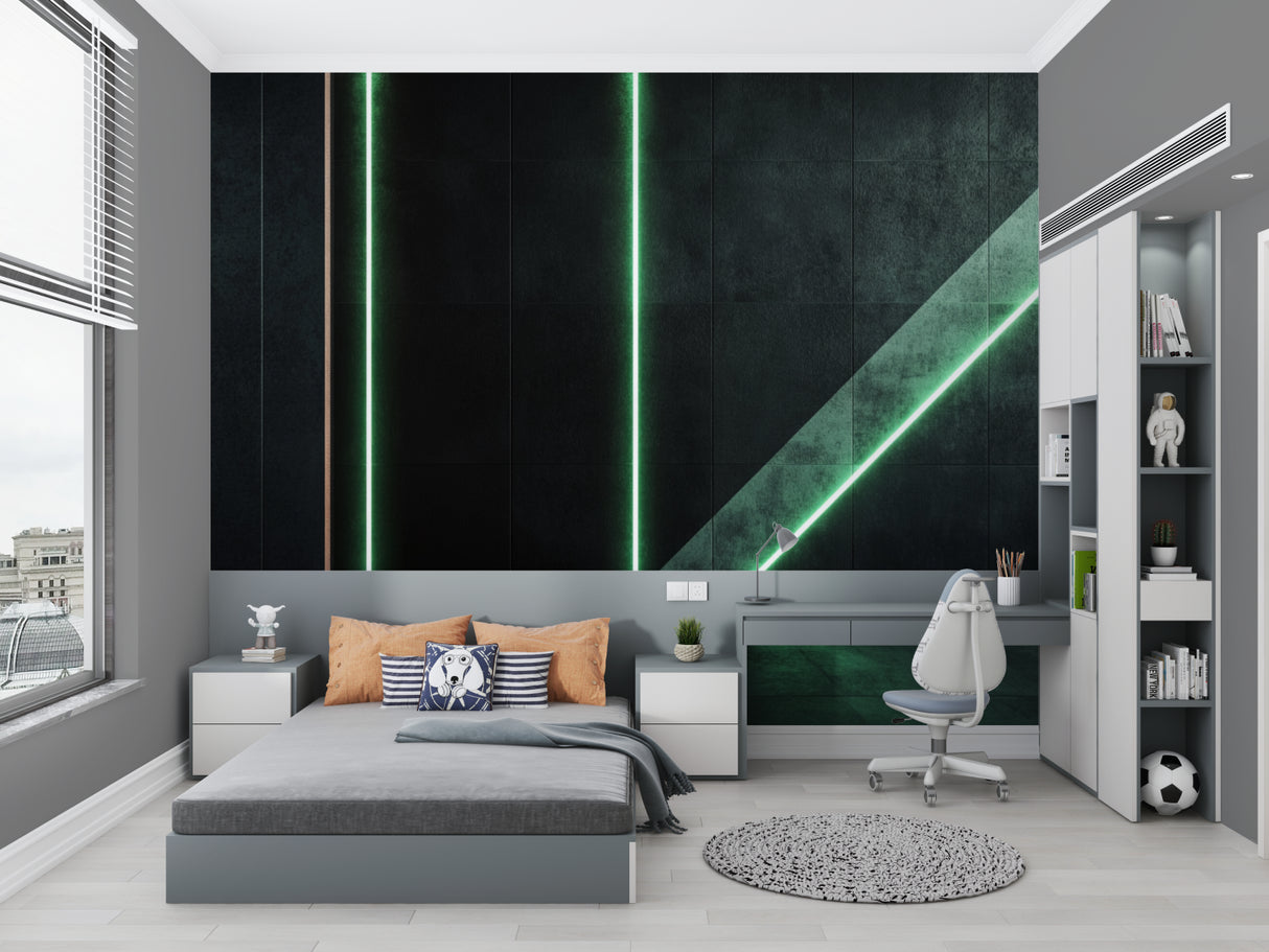 Green geometric wallpaper in gaming room with dramatic lighting effects