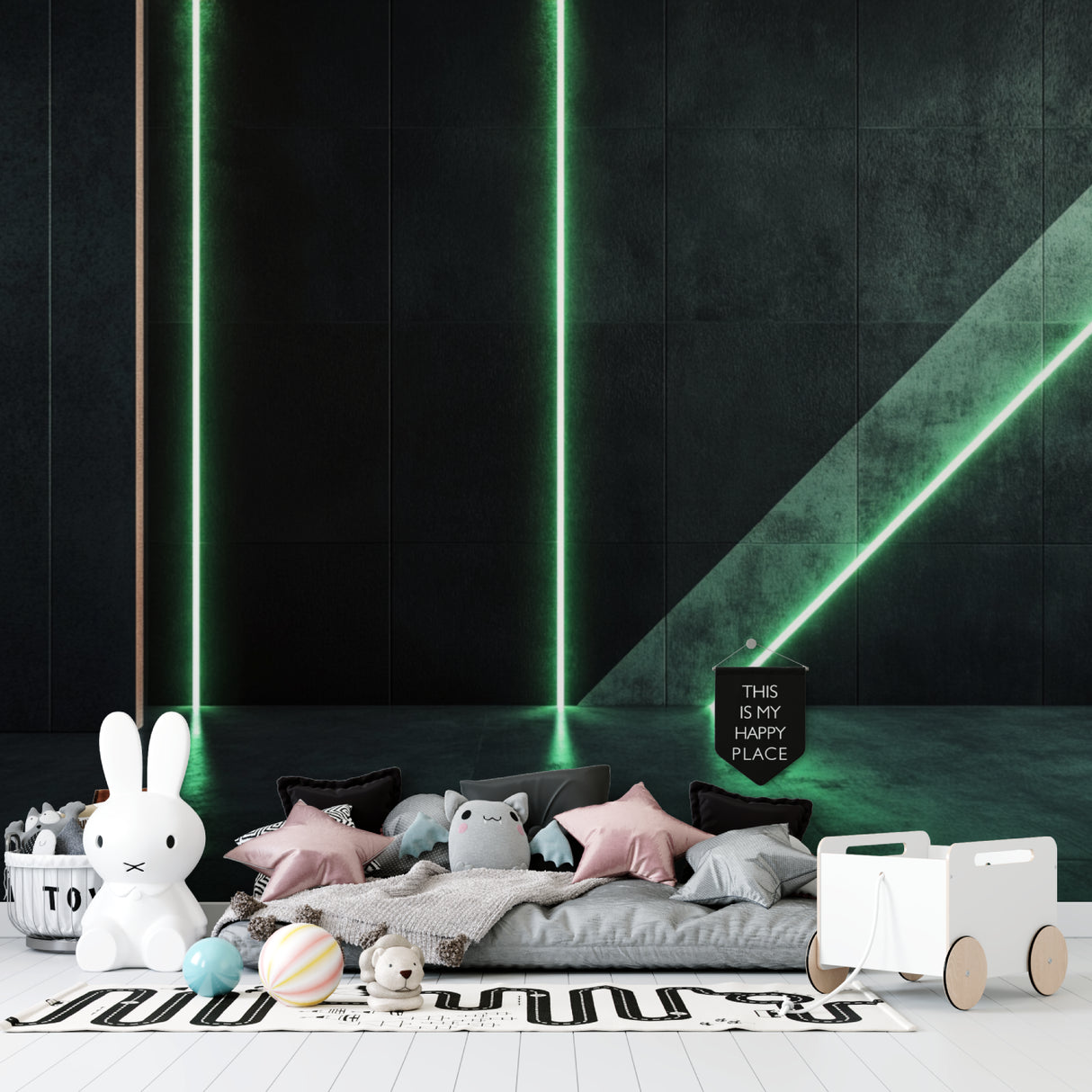 Modern living room featuring geometric green light pattern wallpaper