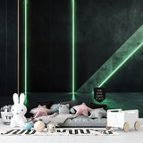 Modern living room featuring geometric green light pattern wallpaper