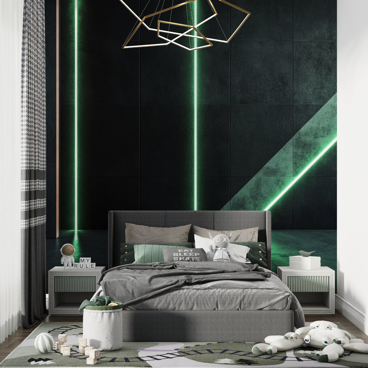 Contemporary bedroom with geometric light wallpaper in emerald green