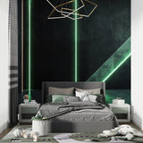 Contemporary bedroom with geometric light wallpaper in emerald green
