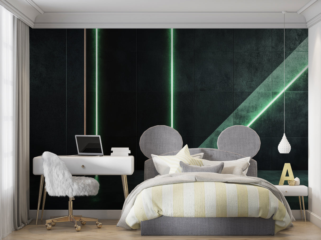 Modern hallway showcasing geometric green light wallpaper design