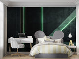 Modern hallway showcasing geometric green light wallpaper design