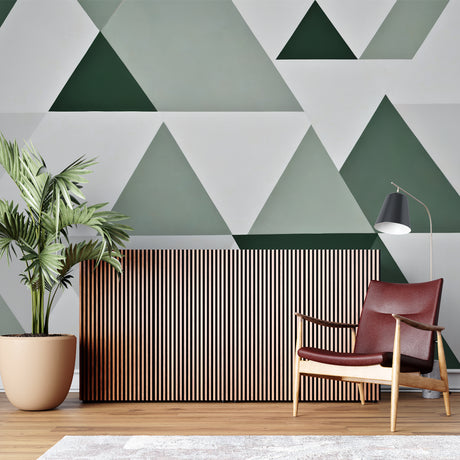 Modern green geometric wallpaper in bright living room with minimalist furniture
