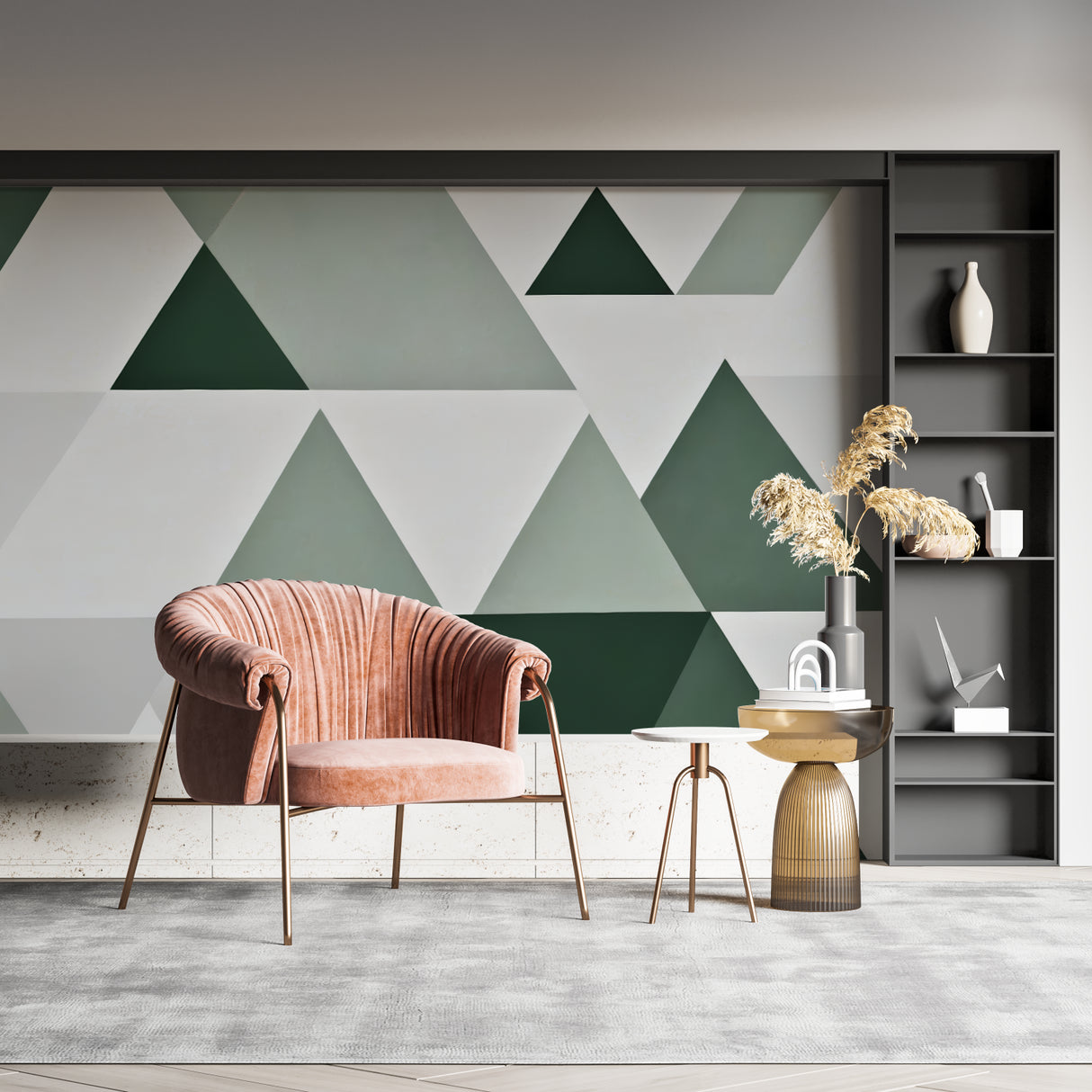 Green triangle pattern wallpaper in contemporary home office setup