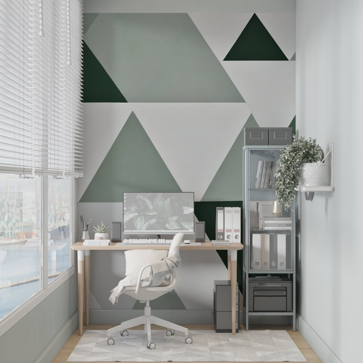 Geometric green wall mural creating depth in dining room space