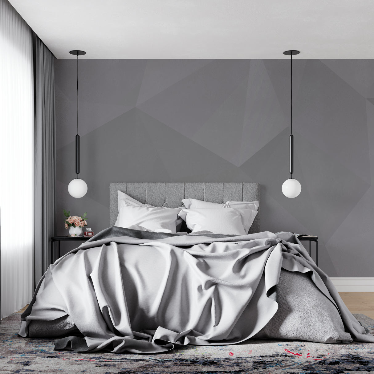 Modern grey geometric wallpaper in minimalist living room showing clean lines and contemporary design