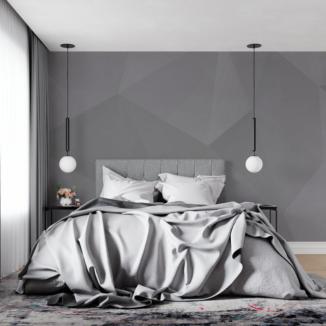 Modern grey geometric wallpaper in minimalist living room showing clean lines and contemporary design