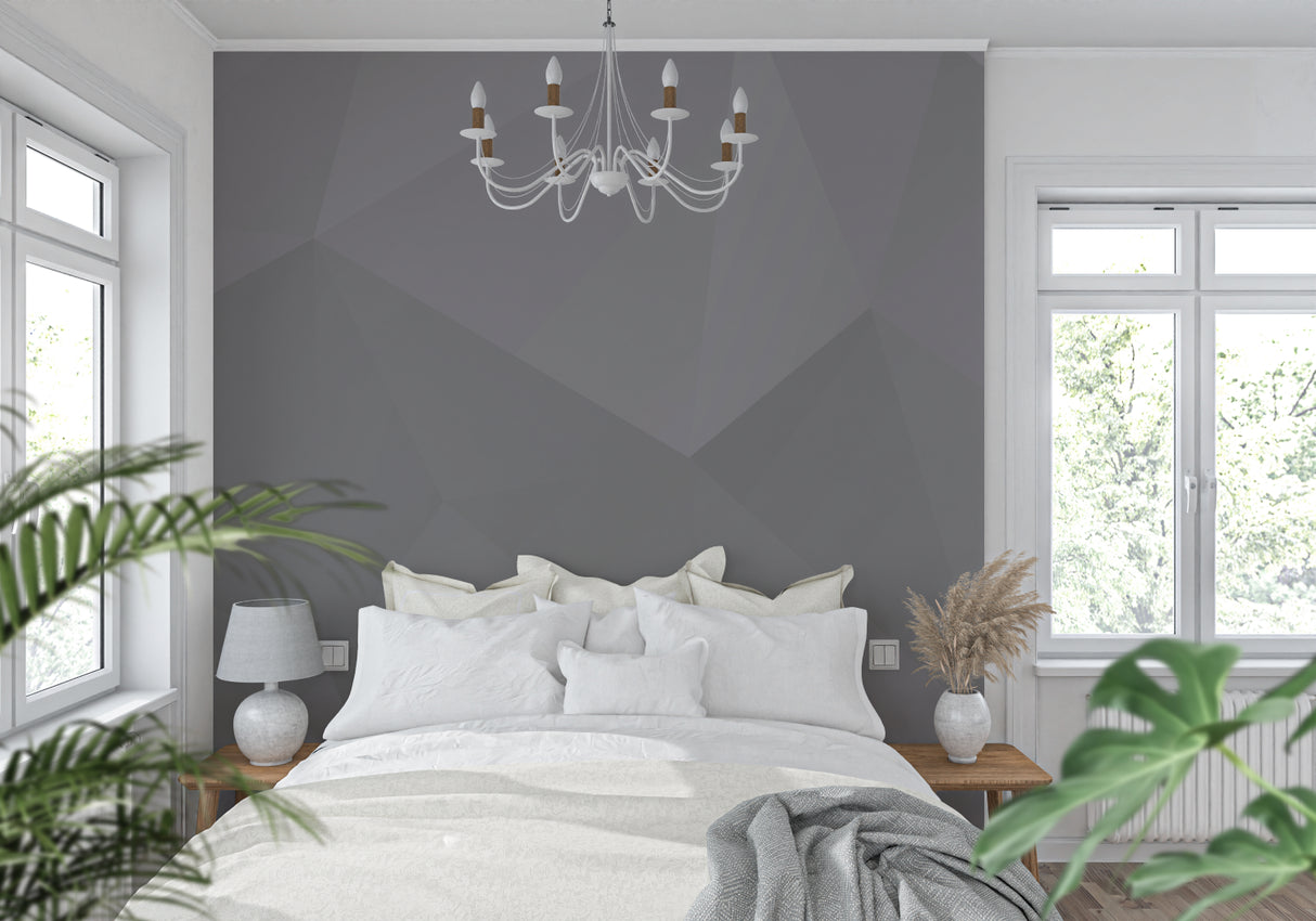 Abstract geometric pattern wallpaper in modern bedroom showing depth effects