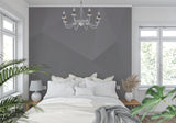 Abstract geometric pattern wallpaper in modern bedroom showing depth effects